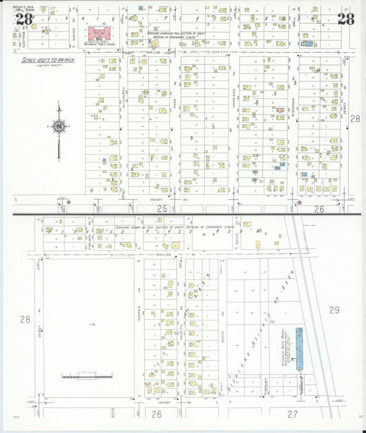 Sanborn Fire Insurance Map from Beloit, Rock County, Wisconsin (1939), Sheet #0028 - Historic Sanborn Fire Insurance Map Print, vintage old map wall art, antique decor, genealogy gift, Wisconsin Wisconsin map