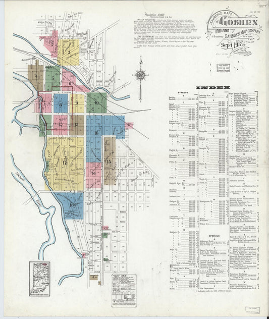 Sanborn Fire Insurance Map from Goshen, Elkhart County, Indiana (1917), Sheet #0001 - Complete Map Set gallery image, historic Sanborn map, vintage wall art, Indiana Indiana