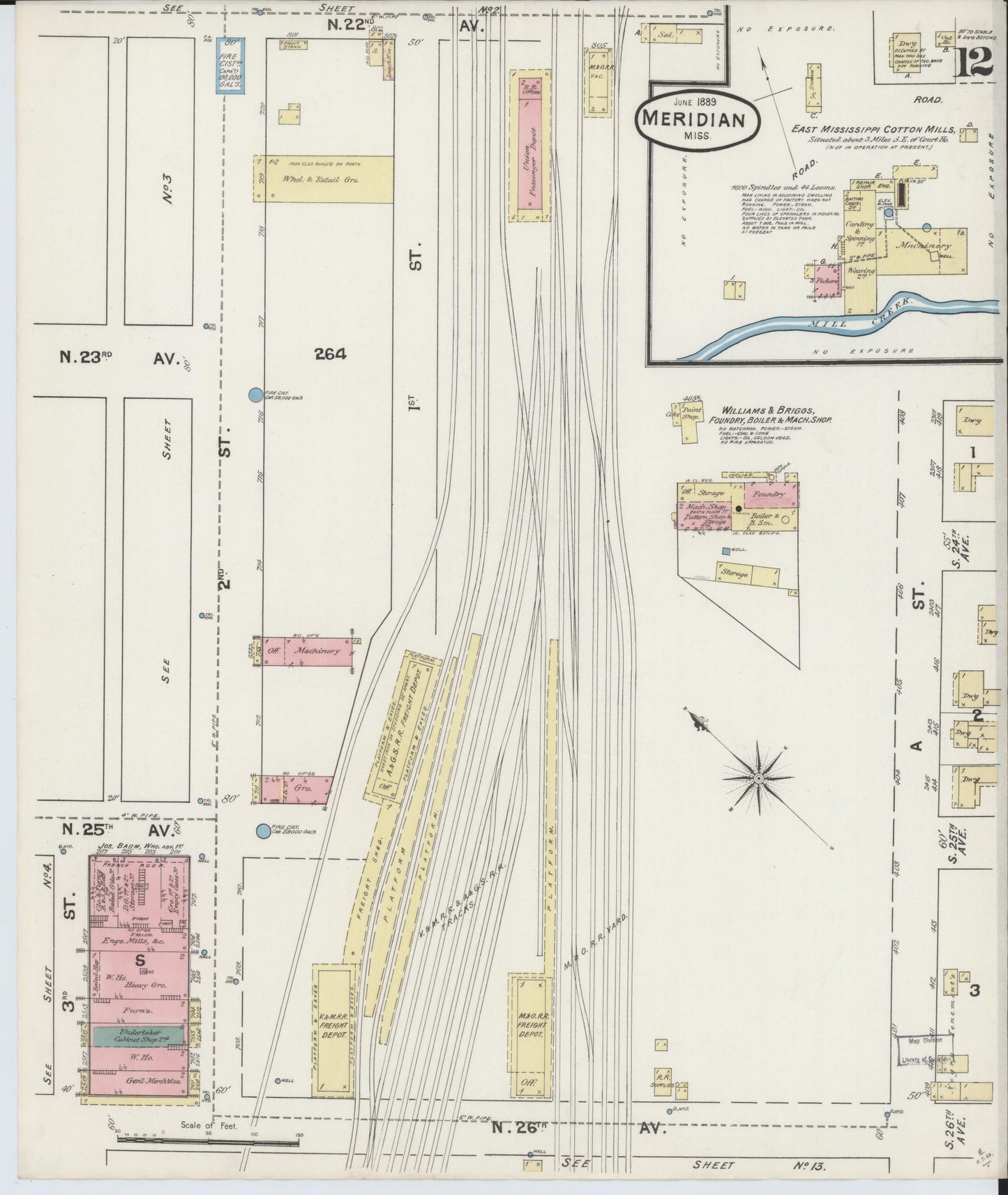 Sanborn Fire Insurance Map from Meridian, Lauderdale County, Mississippi (1889), Sheet #0012 - Complete Map Set gallery image, historic Sanborn map, vintage wall art, Mississippi Mississippi