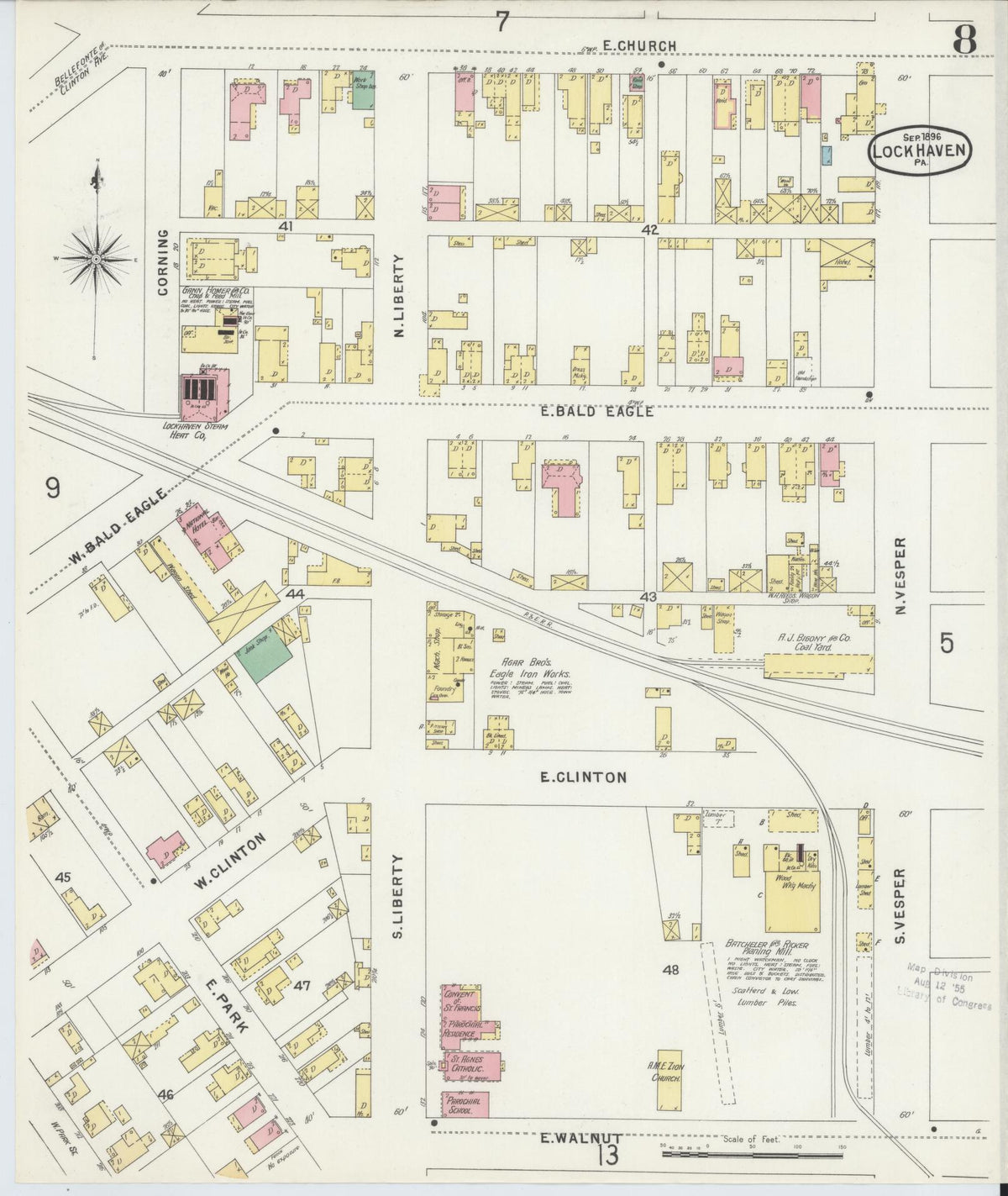 Sanborn Fire Insurance Map from Lock Haven, Clinton County, Pennsylvania (1896), Sheet #0008 - Historic Sanborn Fire Insurance Map Print, vintage old map wall art, antique decor, genealogy gift, Pennsylvania Pennsylvania map