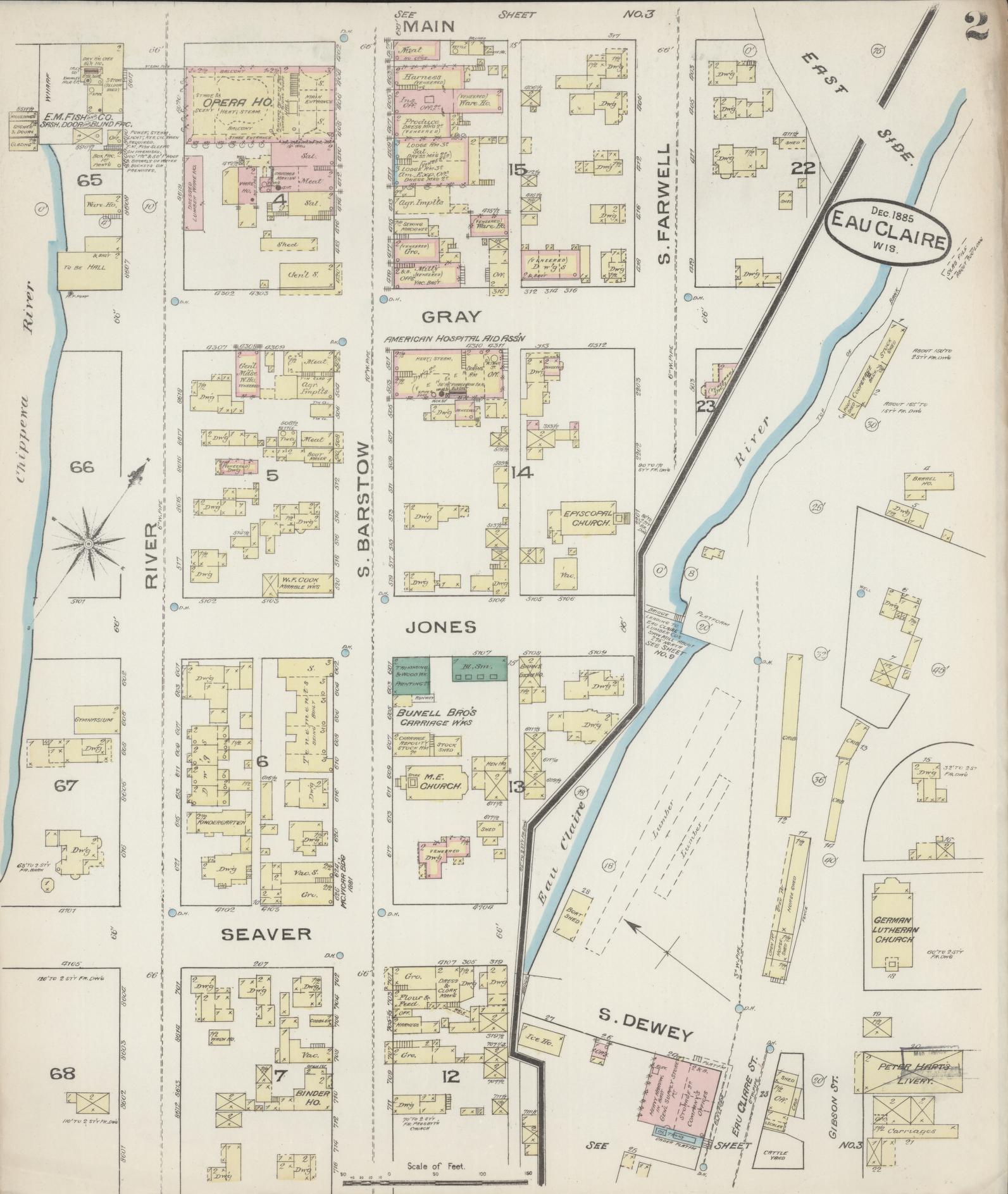 Sanborn Fire Insurance Map from Eau Claire, Eau Claire County, Wisconsin (1885), Sheet #0002 - Historic Sanborn Fire Insurance Map Print, vintage old map wall art, antique decor, genealogy gift, Wisconsin Wisconsin map