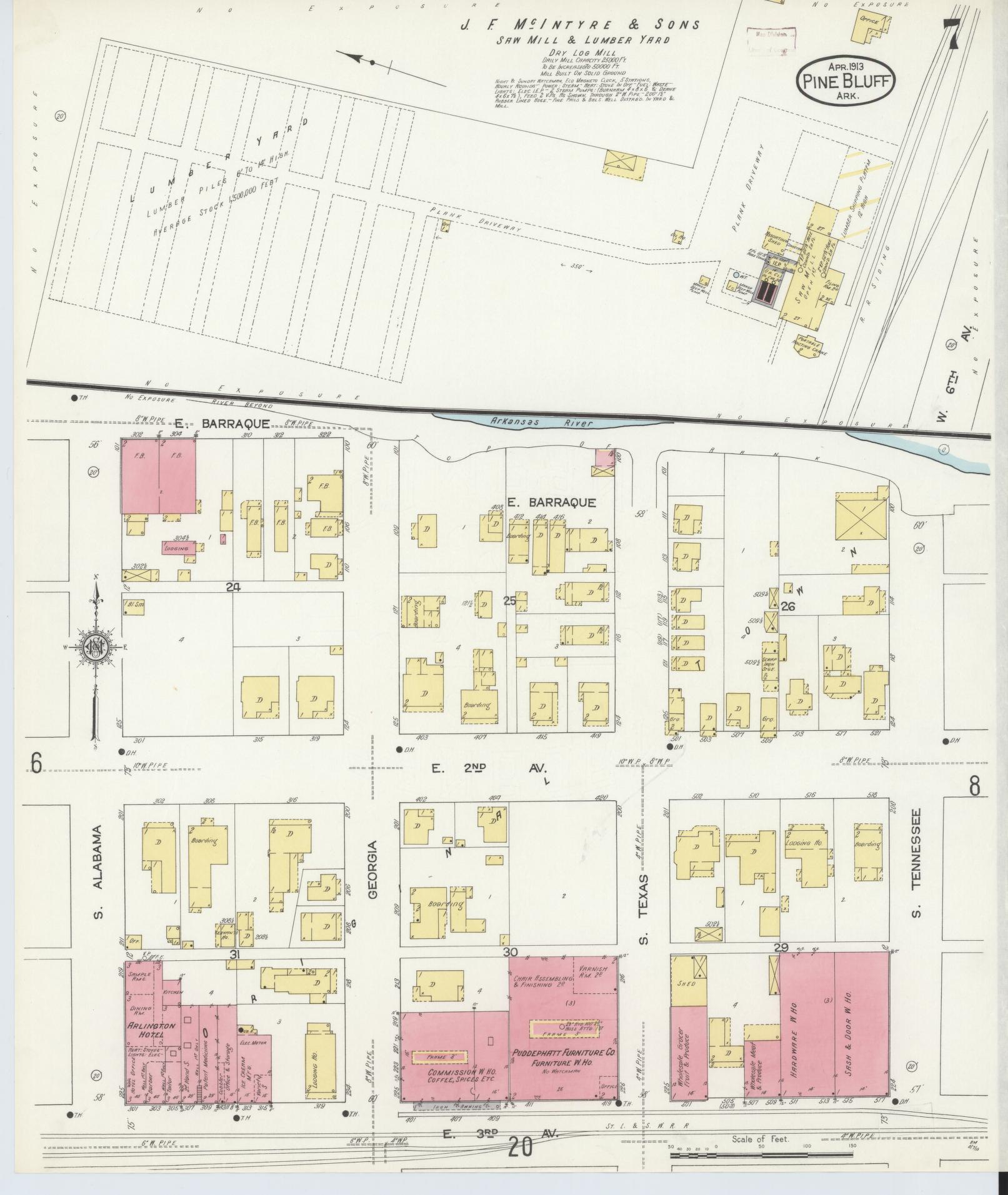 Sanborn Fire Insurance Map from Pine Bluff, Jefferson County, Arkansas (1913), Sheet #0007 - Complete Map Set gallery image, historic Sanborn map, vintage wall art, Arkansas Arkansas