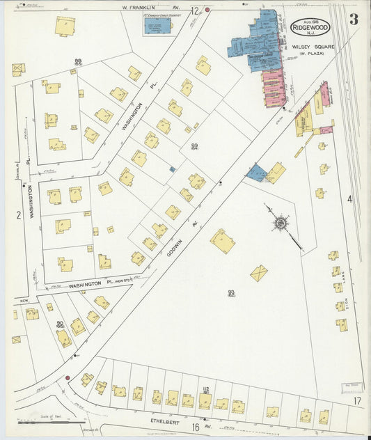 Sanborn Fire Insurance Map from Ridgewood, Bergen County, New Jersey (1916), Sheet #0003 - Historic Sanborn Fire Insurance Map Print, vintage old map wall art, antique decor, genealogy gift, New Jersey New Jersey map