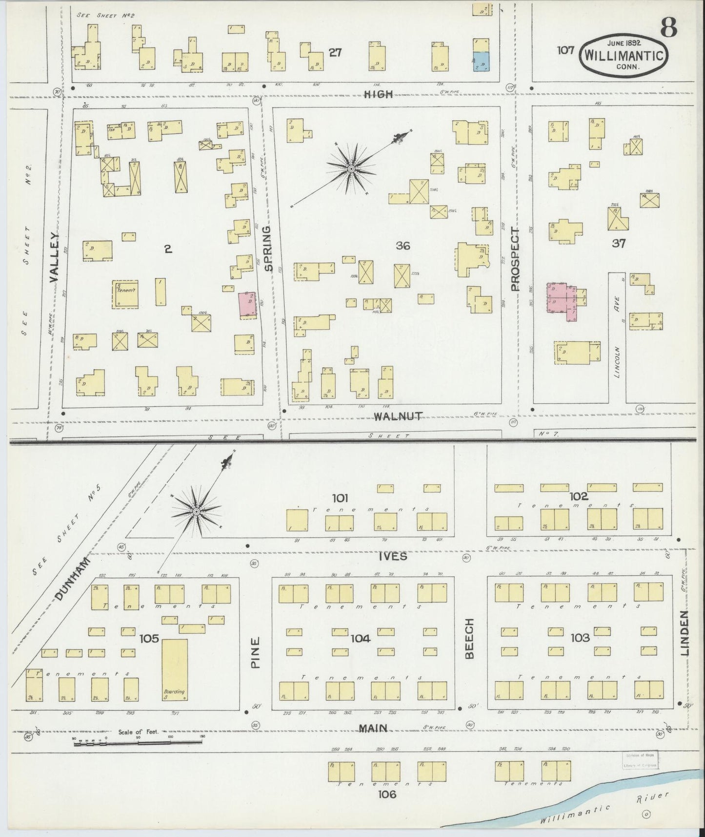 Sanborn Fire Insurance Map from Willimantic, Windham County, Connecticut (1892), Sheet #0008 - Historic Sanborn Fire Insurance Map Print, vintage old map wall art, antique decor, genealogy gift, Connecticut Connecticut map