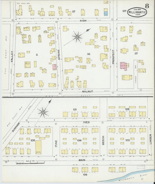 Sanborn Fire Insurance Map from Willimantic, Windham County, Connecticut (1892), Sheet #0008 - Historic Sanborn Fire Insurance Map Print, vintage old map wall art, antique decor, genealogy gift, Connecticut Connecticut map