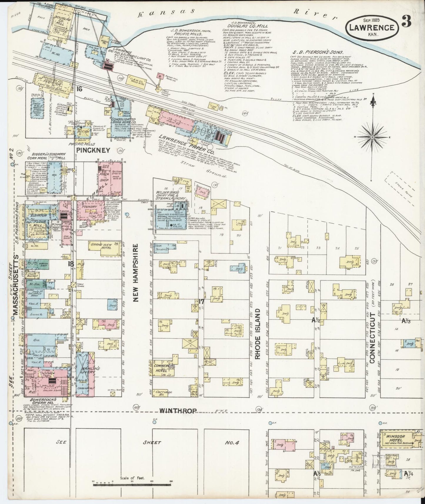 Sanborn Fire Insurance Map from Lawrence, Douglas County, Kansas (1889), Sheet #0003 - Complete Map Set gallery image, historic Sanborn map, vintage wall art, Kansas Kansas