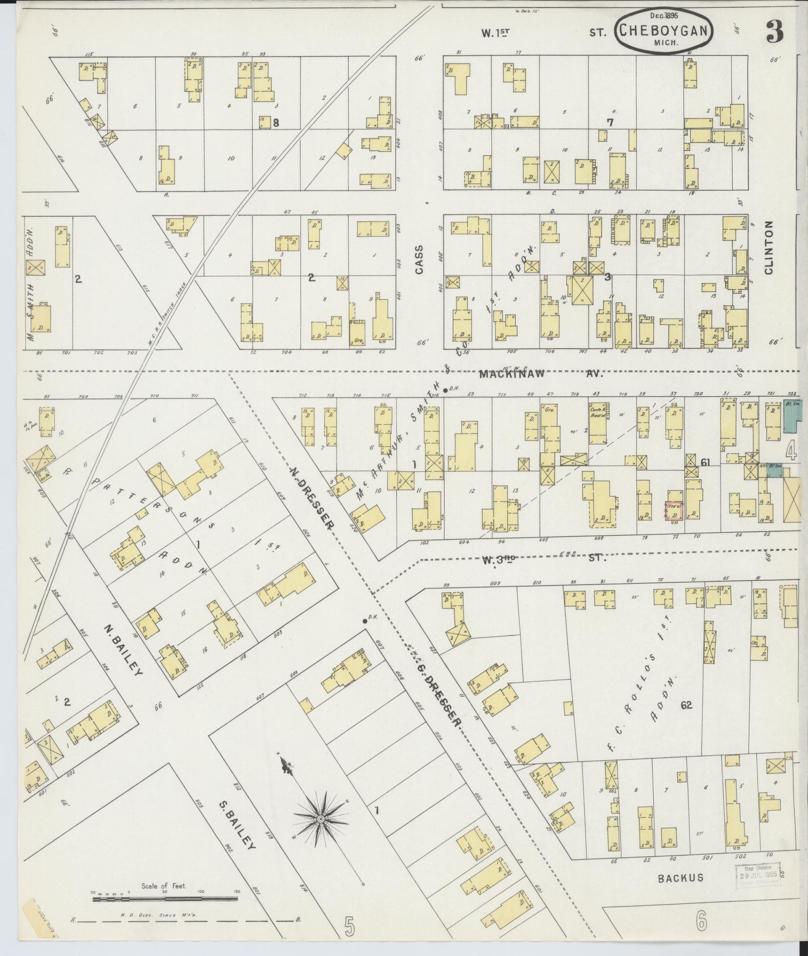 Sanborn Fire Insurance Map from Cheboygan, Cheboygan County, Michigan (1895), Sheet #0003 - Historic Sanborn Fire Insurance Map Print, vintage old map wall art, antique decor, genealogy gift, Michigan Michigan map