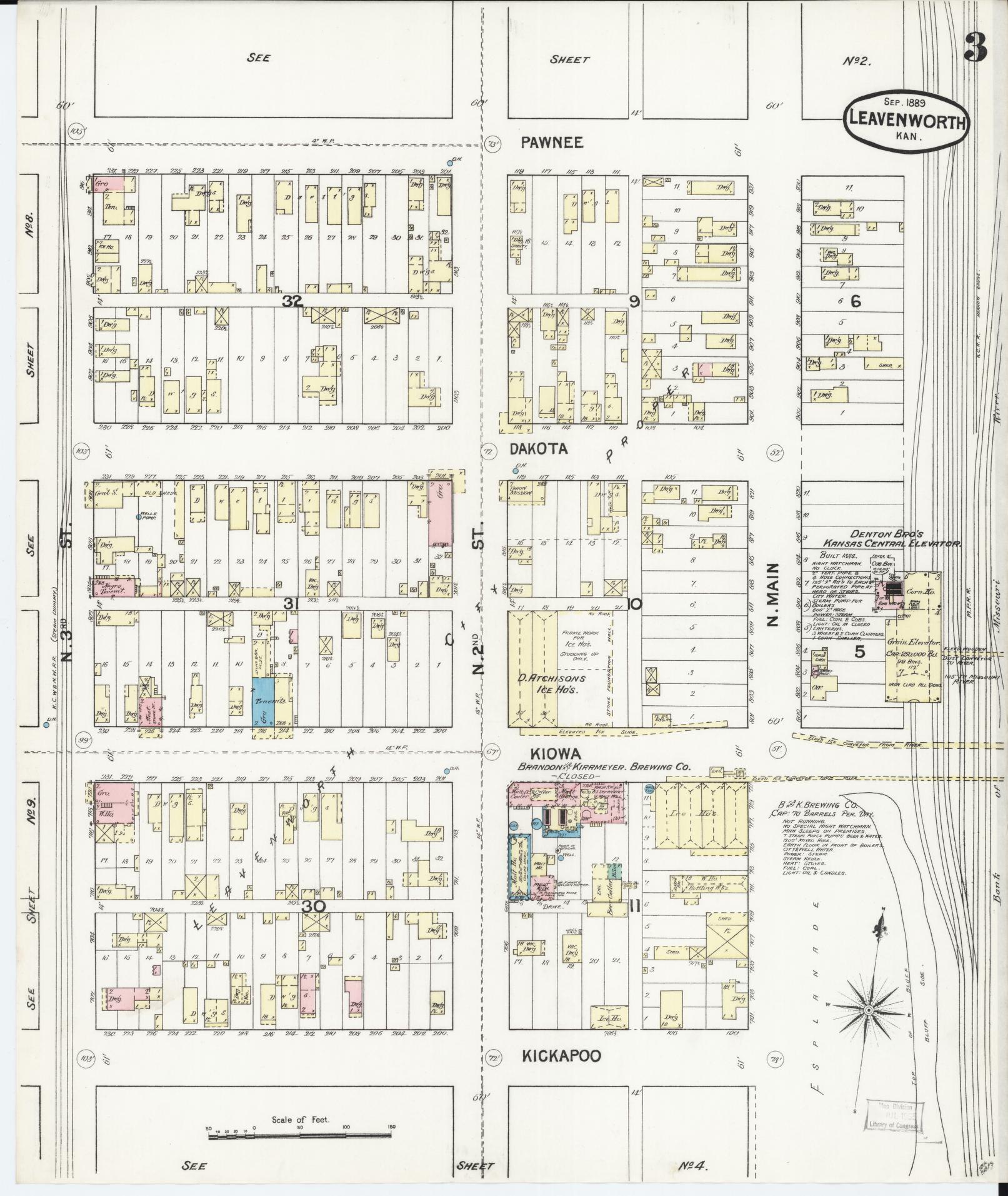 Sanborn Fire Insurance Map from Leavenworth, Leavenworth County, Kansas (1889), Sheet #0004 - Historic Sanborn Fire Insurance Map Print, vintage old map wall art, antique decor, genealogy gift, Kansas Kansas map