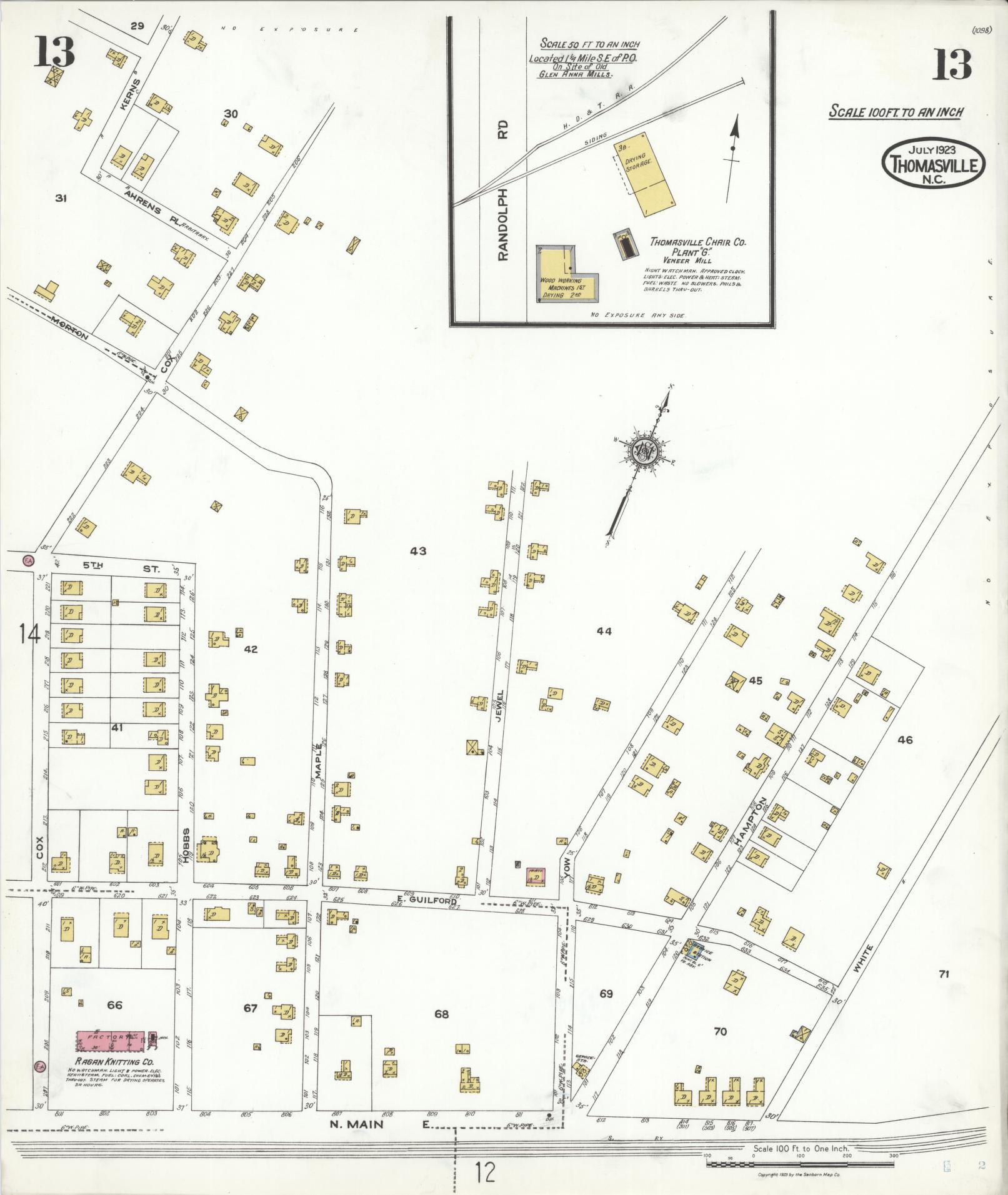 Sanborn Fire Insurance Map from Thomasville, Davidson County, North Carolina (1923), Sheet #0013 - Complete Map Set gallery image, historic Sanborn map, vintage wall art, North Carolina North Carolina