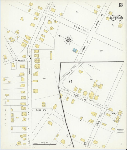 Sanborn Fire Insurance Map from Lakewood, Ocean County, New Jersey (1909), Sheet #0013 - Historic Sanborn Fire Insurance Map Print, vintage old map wall art, antique decor, genealogy gift, New Jersey New Jersey map