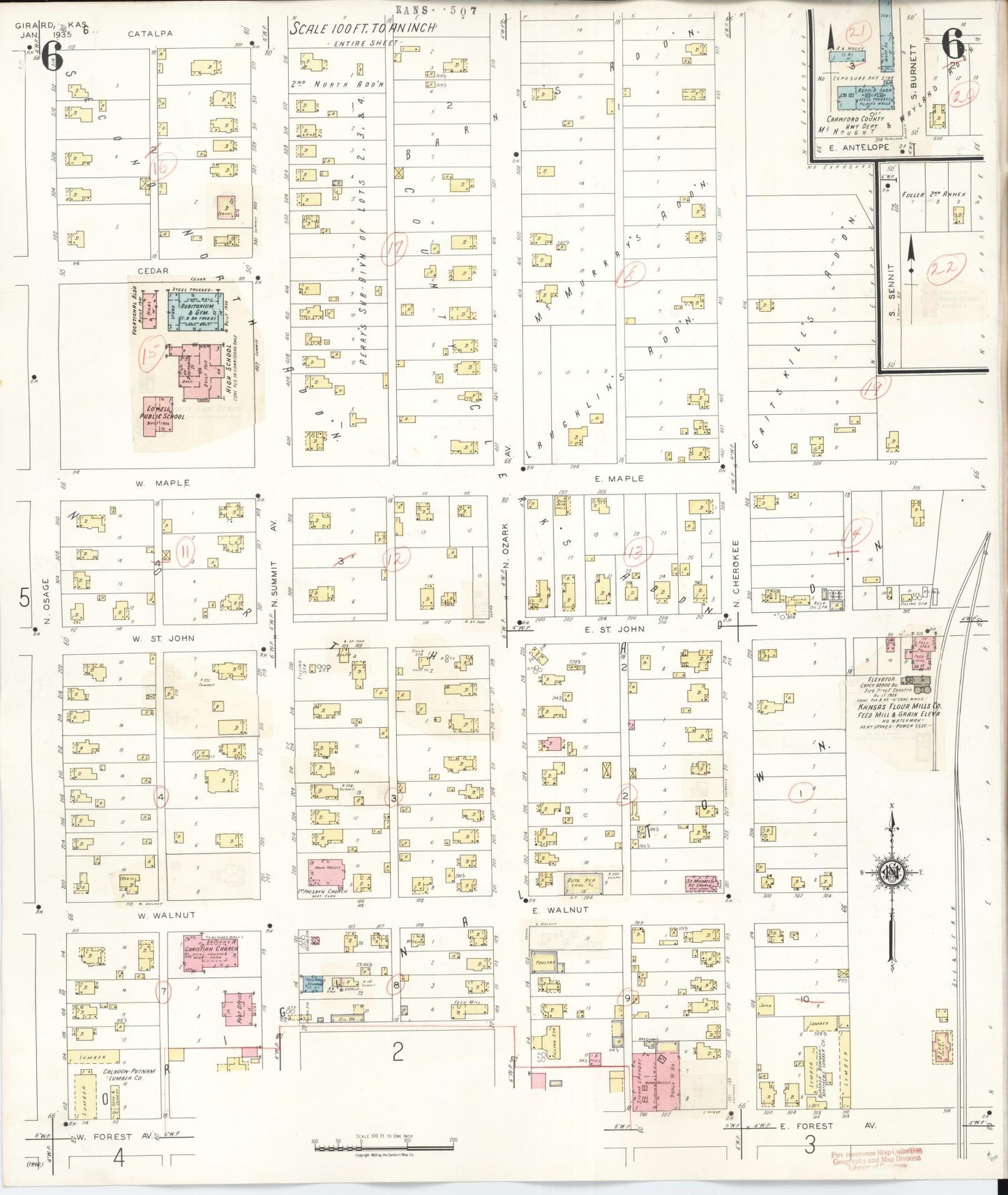 Sanborn Fire Insurance Map from Girard, Crawford County, Kansas (1943), Sheet #0006 - Historic Sanborn Fire Insurance Map Print, vintage old map wall art, antique decor, genealogy gift, Kansas Kansas map