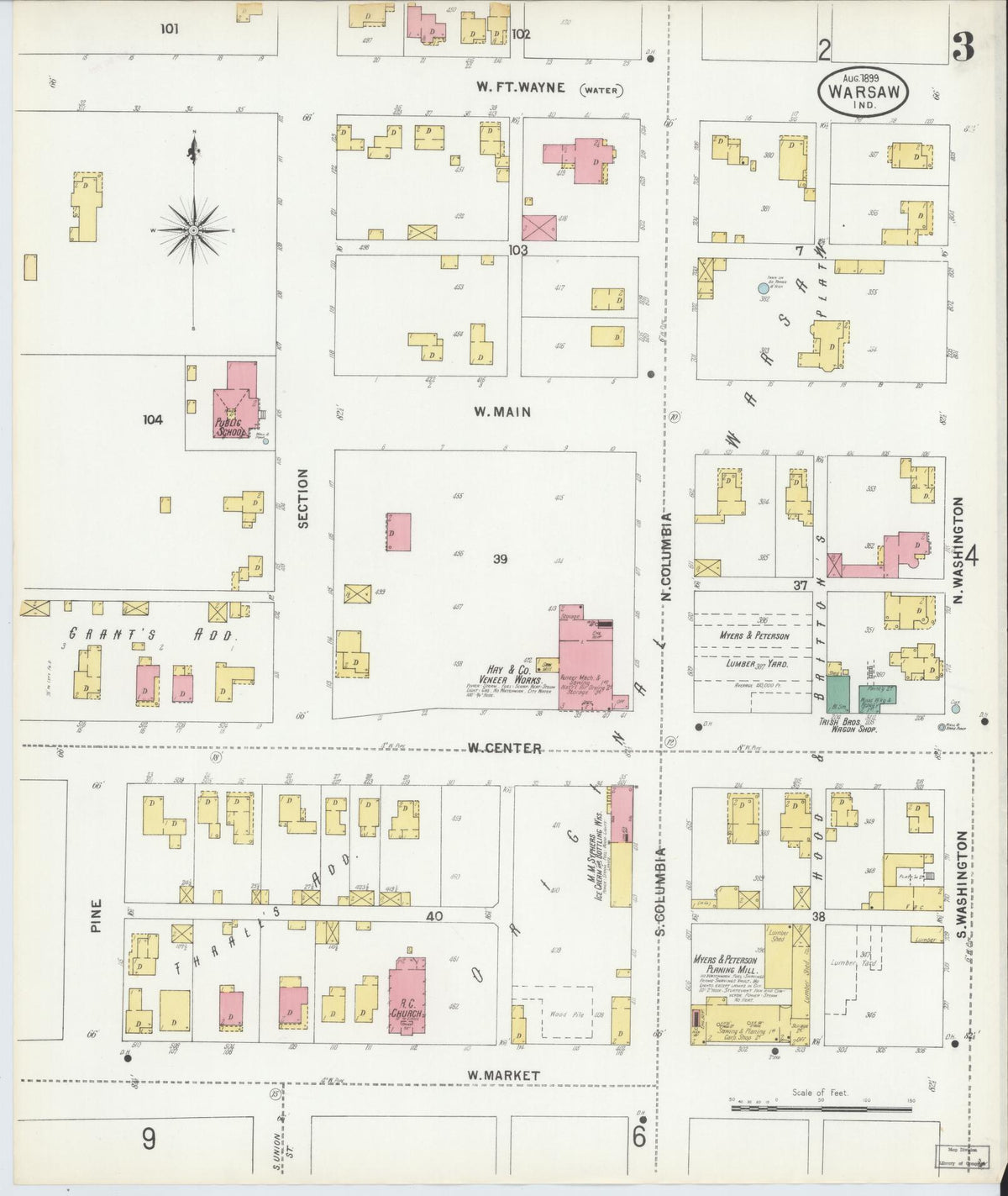 Sanborn Fire Insurance Map from Warsaw, Kosciusko County, Indiana (1899), Sheet #0003 - Historic Sanborn Fire Insurance Map Print, vintage old map wall art, antique decor, genealogy gift, Indiana Indiana map