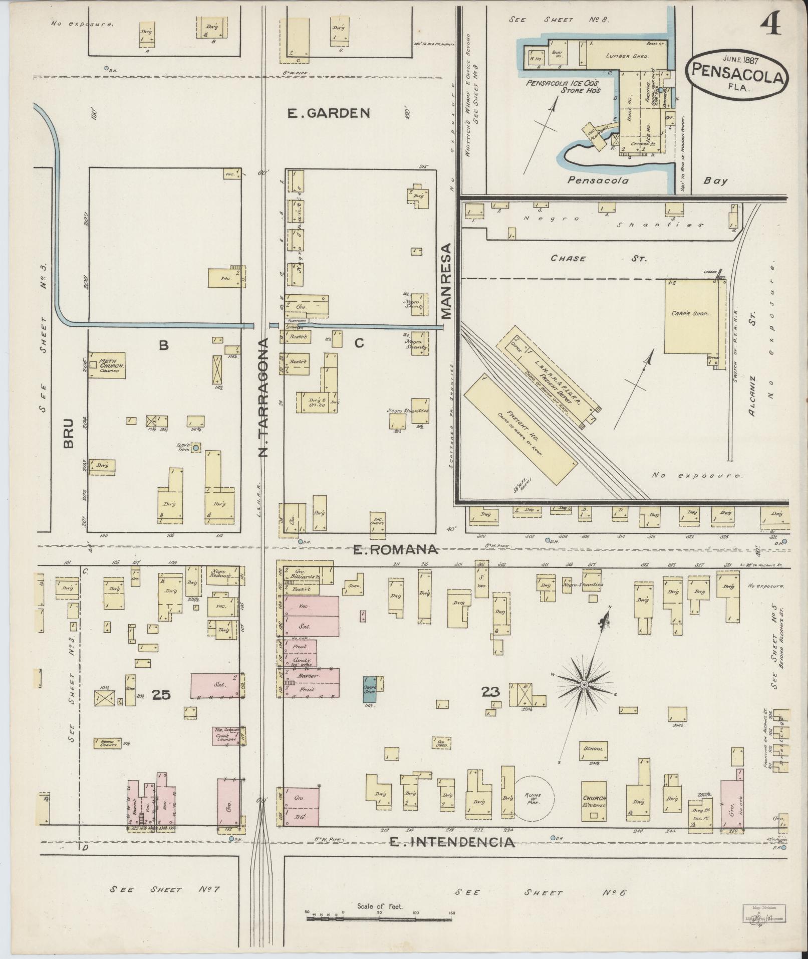 Sanborn Fire Insurance Map from Pensacola, Escambia County, Florida (1887), Sheet #0004 - Historic Sanborn Fire Insurance Map Print, vintage old map wall art, antique decor, genealogy gift, Florida Florida map