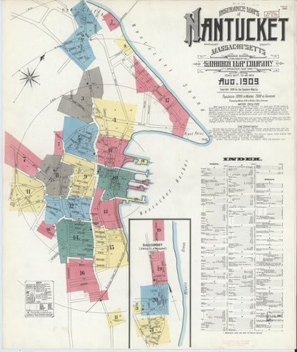 Sanborn Fire Insurance Map from Nantucket, Nantucket County, Massachusetts (1909), Sheet #0001 - Historic Sanborn Fire Insurance Map Print, vintage old map wall art, antique decor, genealogy gift, Massachusetts Massachusetts map
