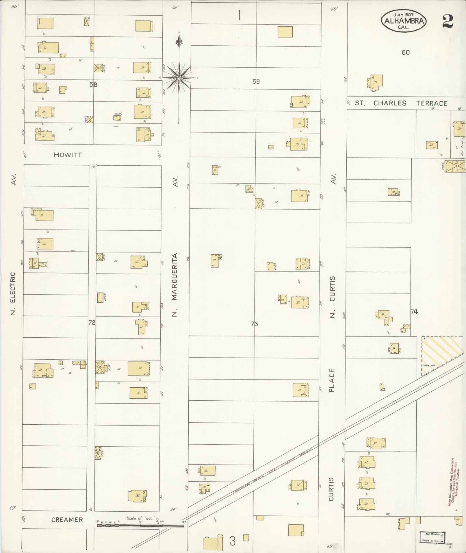 Sanborn Fire Insurance Map from Alhambra, Los Angeles County, California (1907), Sheet #0002 - Historic Sanborn Fire Insurance Map Print, vintage old map wall art, antique decor, genealogy gift, California California map
