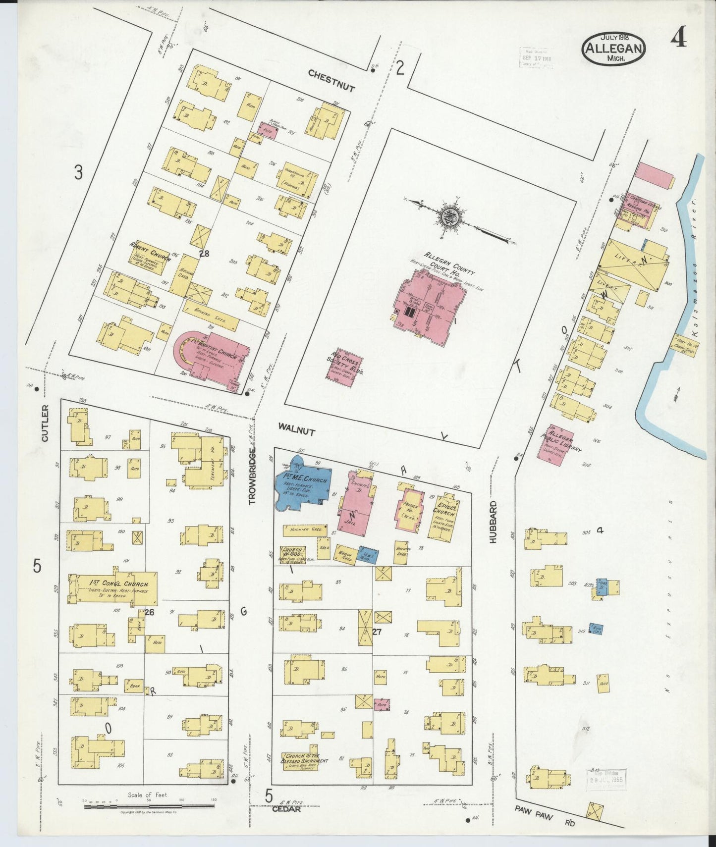 Sanborn Fire Insurance Map from Allegan, Allegan County, Michigan (1918), Sheet #0004 - Historic Sanborn Fire Insurance Map Print, vintage old map wall art, antique decor, genealogy gift, Michigan Michigan map
