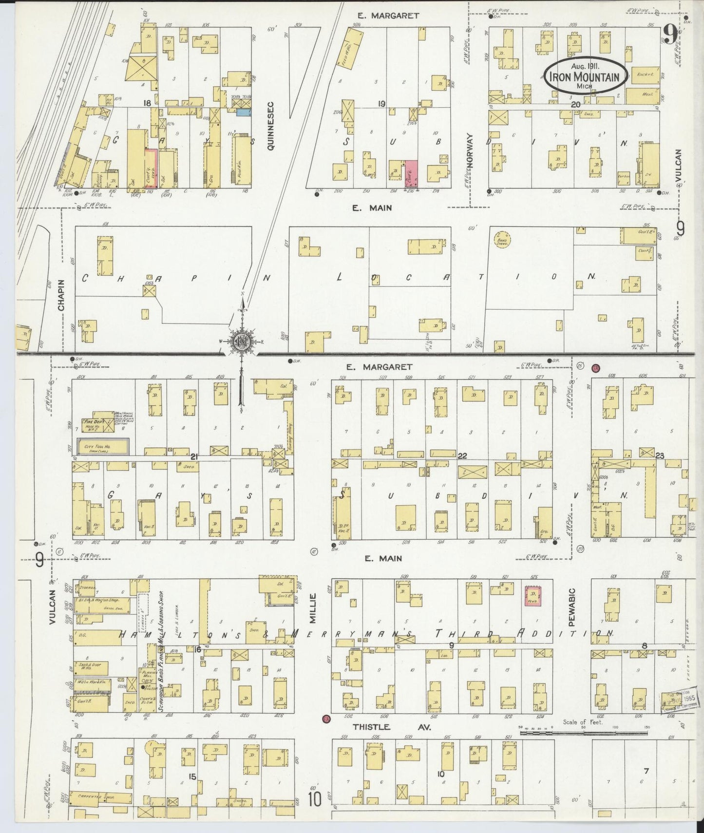 Sanborn Fire Insurance Map from Iron Mountain, Dickinson County, Michigan (1911), Sheet #0009 - Historic Sanborn Fire Insurance Map Print, vintage old map wall art, antique decor, genealogy gift, Michigan Michigan map