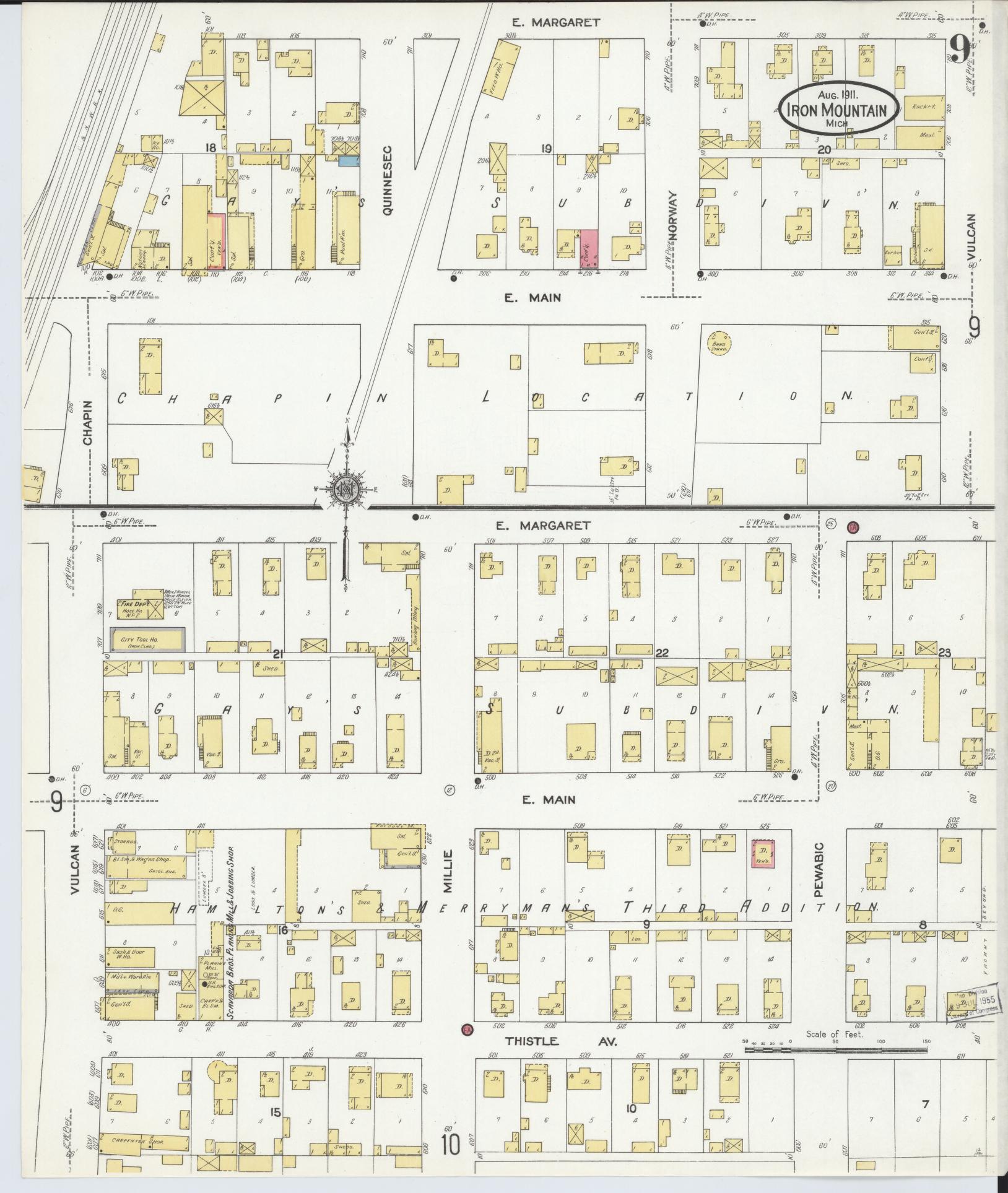 Sanborn Fire Insurance Map from Iron Mountain, Dickinson County, Michigan (1911), Sheet #0009 - Historic Sanborn Fire Insurance Map Print, vintage old map wall art, antique decor, genealogy gift, Michigan Michigan map