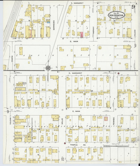 Sanborn Fire Insurance Map from Iron Mountain, Dickinson County, Michigan (1911), Sheet #0009 - Historic Sanborn Fire Insurance Map Print, vintage old map wall art, antique decor, genealogy gift, Michigan Michigan map