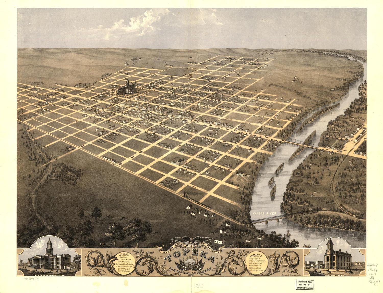 Bird's eye view of the city of Topeka, the capital of Kansas 1869. (1869) – Historic Bird’s-Eye View Panorama Print