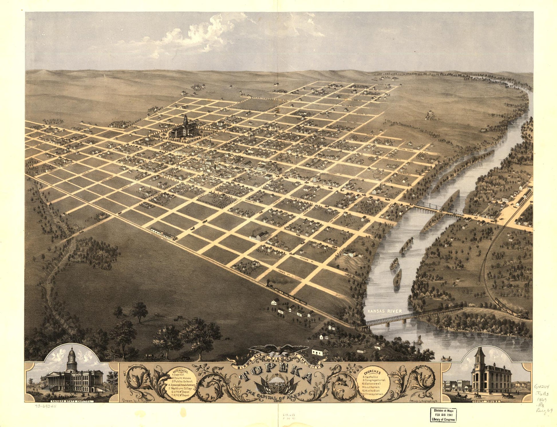 Bird's eye view of the city of Topeka, the capital of Kansas 1869. (1869) – Historic Bird’s-Eye View Panorama Print