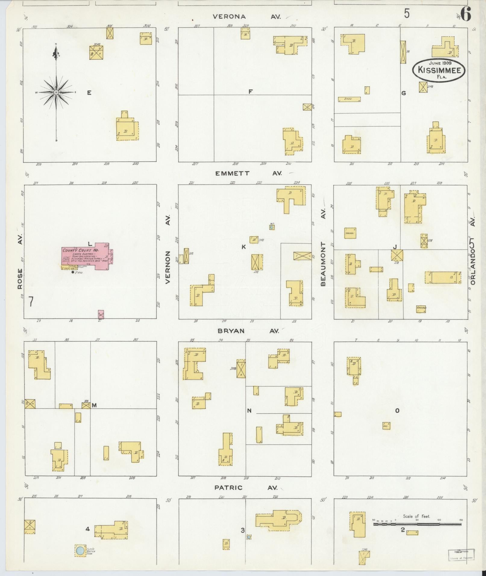 Sanborn Fire Insurance Map from Kissimmee, Osceola County, Florida (1909), Sheet #0006 - Historic Sanborn Fire Insurance Map Print, vintage old map wall art, antique decor, genealogy gift, Florida Florida map