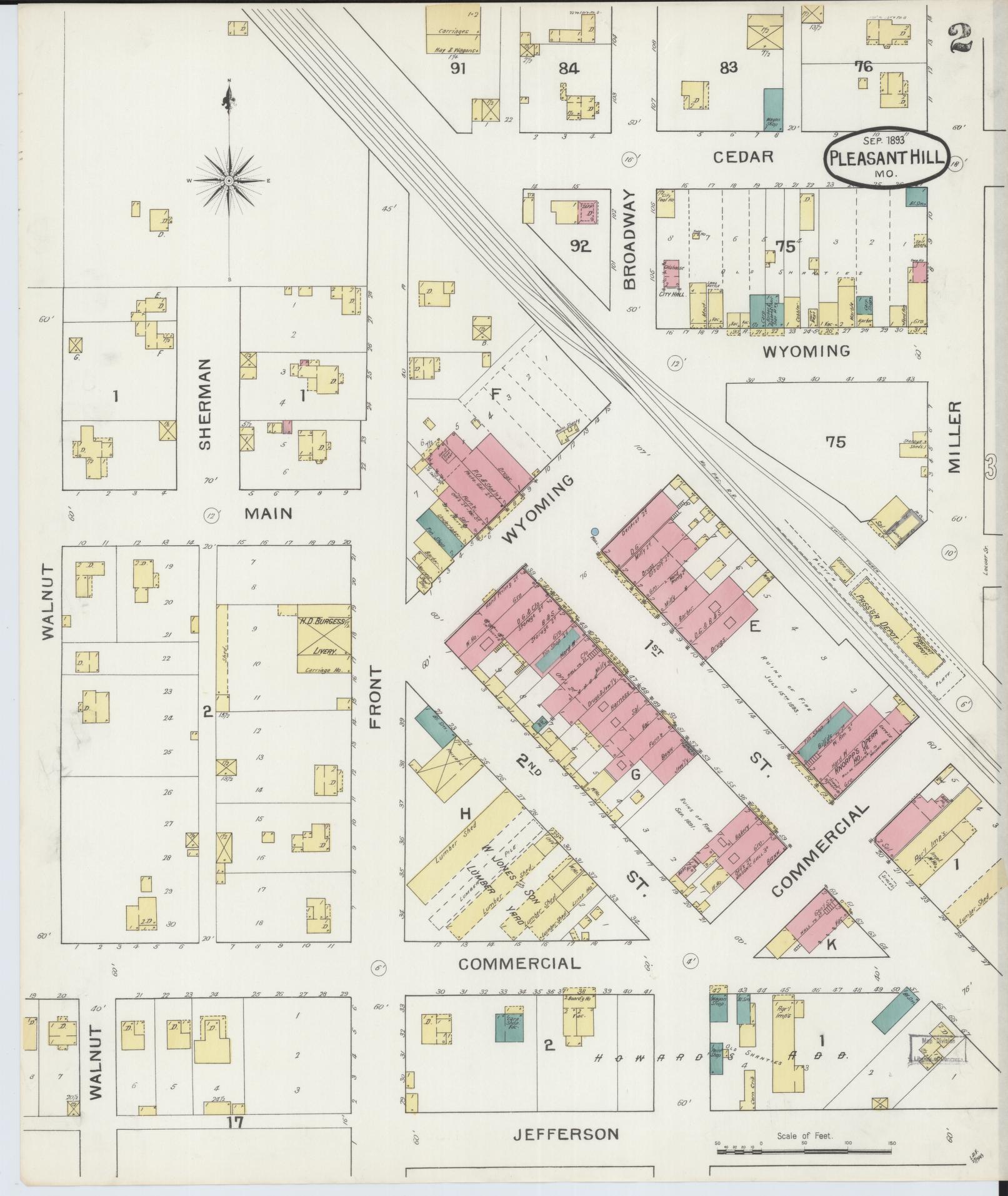 Sanborn Fire Insurance Map from Pleasant Hill, Cass County, Missouri (1893), Sheet #0002 - Complete Map Set gallery image, historic Sanborn map, vintage wall art, Missouri Missouri