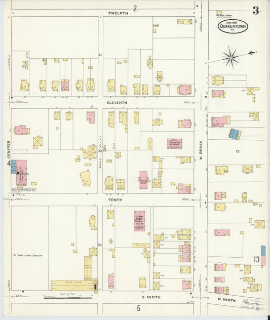 Sanborn Fire Insurance Map from Quakertown, Bucks County, Pennsylvania (1909), Sheet #0003 - Historic Sanborn Fire Insurance Map Print, vintage old map wall art, antique decor, genealogy gift, Pennsylvania Pennsylvania map