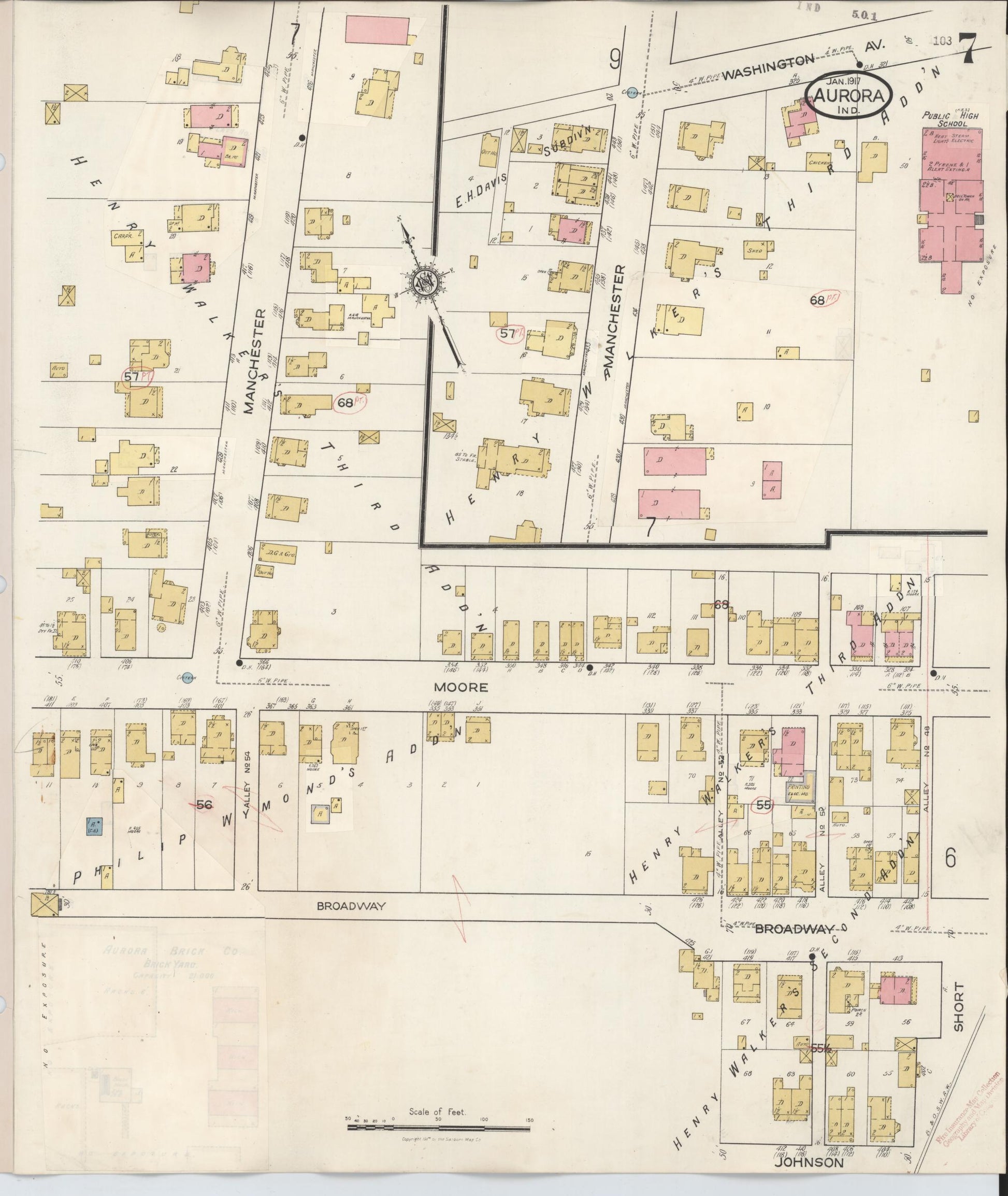 Sanborn Fire Insurance Map from Aurora, Dearborn County, Indiana (1935), Sheet #0007 - Historic Sanborn Fire Insurance Map Print, vintage old map wall art, antique decor, genealogy gift, Indiana Indiana map