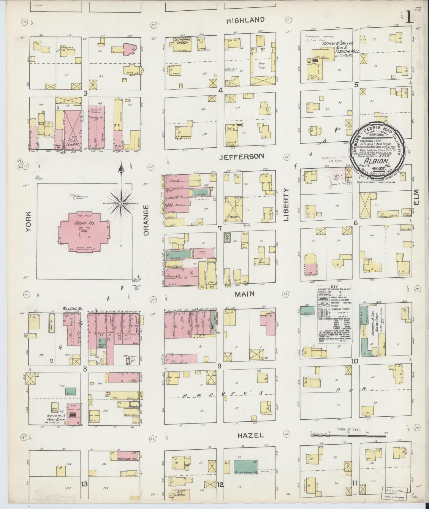 Sanborn Fire Insurance Map from Albion, Noble County, Indiana (1892), Sheet #0001 - Complete Map Set gallery image, historic Sanborn map, vintage wall art, Indiana Indiana