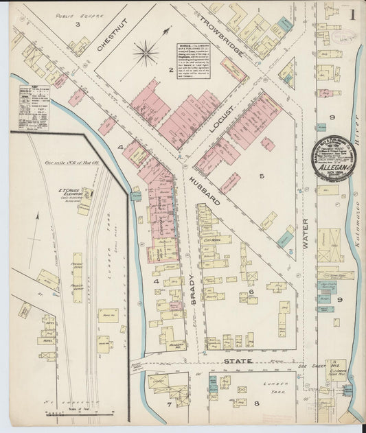 Sanborn Fire Insurance Map from Allegan, Allegan County, Michigan (1884), Sheet #0001 - Historic Sanborn Fire Insurance Map Print, vintage old map wall art, antique decor, genealogy gift, Michigan Michigan map
