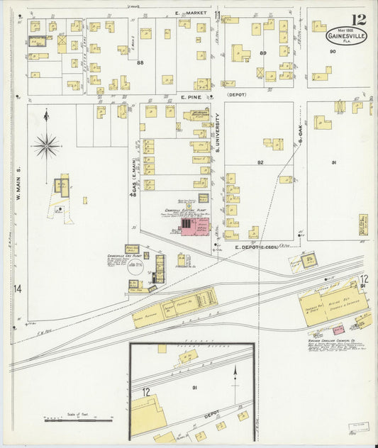 Sanborn Fire Insurance Map from Gainesville, Alachua County, Florida (1909), Sheet #0012 - Historic Sanborn Fire Insurance Map Print, vintage old map wall art, antique decor, genealogy gift, Florida Florida map