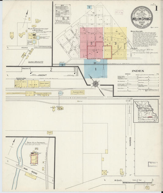Sanborn Fire Insurance Map from Willow Springs, Howell County, Missouri (1914), Sheet #0001 - Historic Sanborn Fire Insurance Map Print, vintage old map wall art, antique decor, genealogy gift, Missouri Missouri map