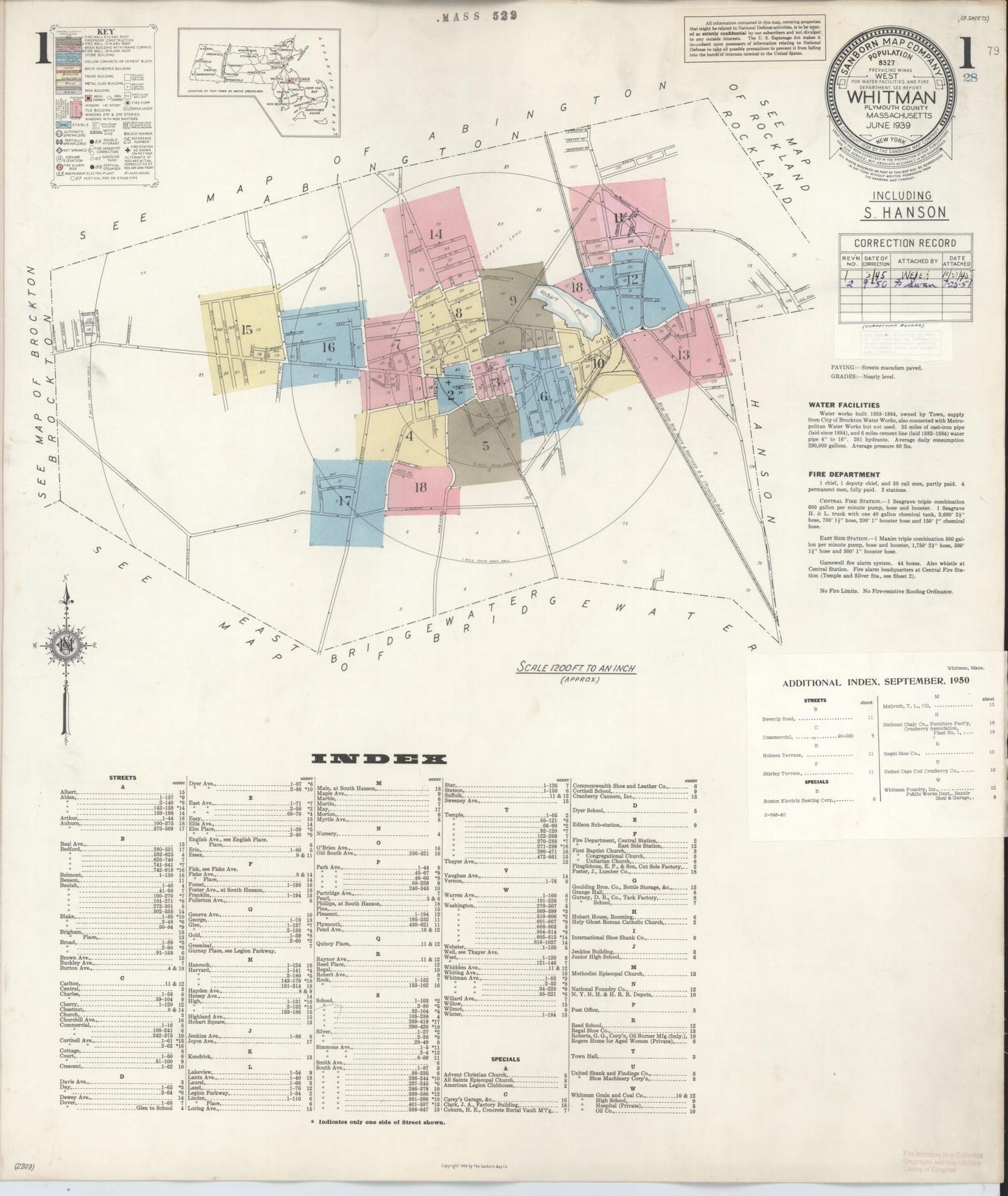 Sanborn Fire Insurance Map from Whitman, Plymouth County, Massachusetts (1950), Sheet #0001 - Historic Sanborn Fire Insurance Map Print, vintage old map wall art, antique decor, genealogy gift, Massachusetts Massachusetts map