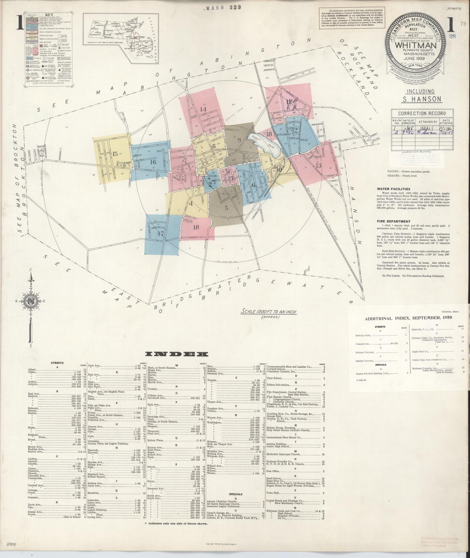 Sanborn Fire Insurance Map from Whitman, Plymouth County, Massachusetts (1950), Sheet #0001 - Historic Sanborn Fire Insurance Map Print, vintage old map wall art, antique decor, genealogy gift, Massachusetts Massachusetts map