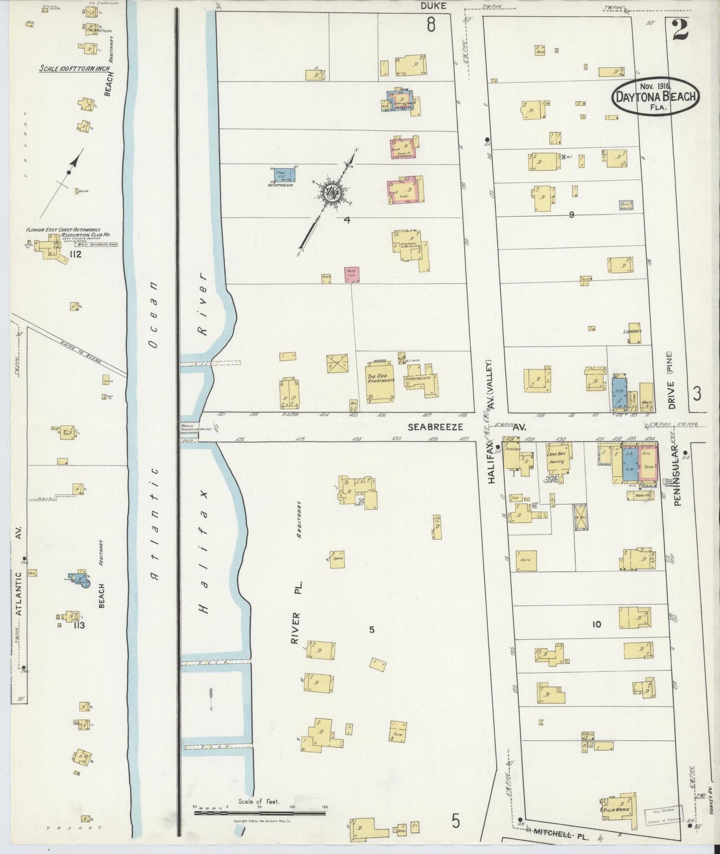 Sanborn Fire Insurance Map from Daytona Beach, Volusia County, Florida (1916), Sheet #0002 - Complete Map Set gallery image, historic Sanborn map, vintage wall art, Florida Florida