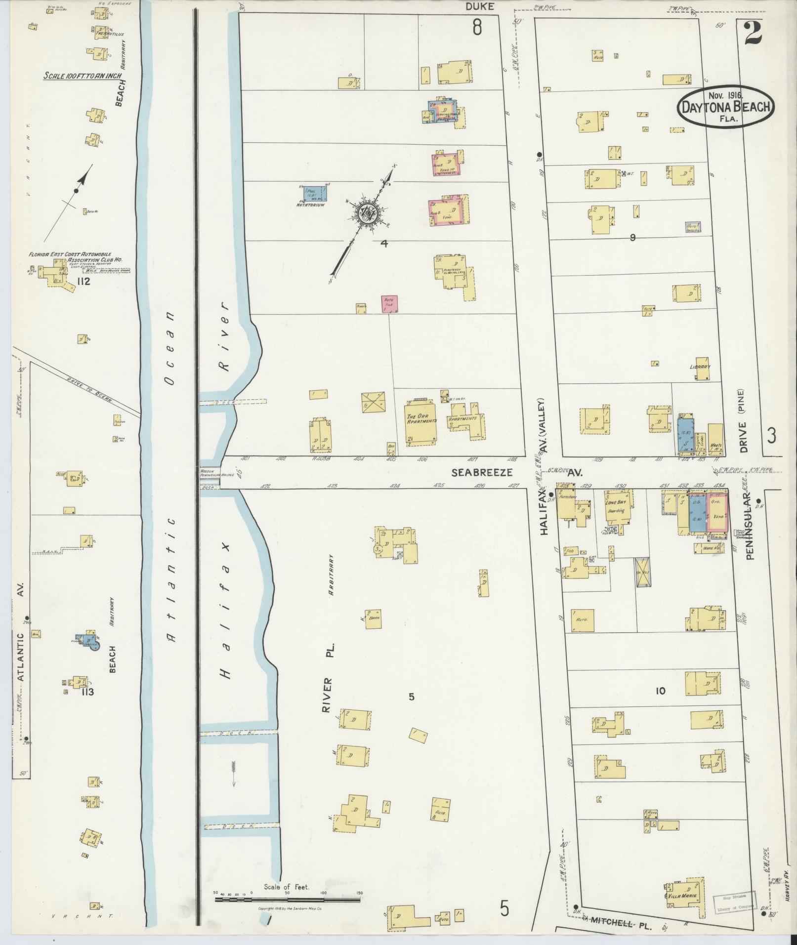 Sanborn Fire Insurance Map from Daytona Beach, Volusia County, Florida (1916), Sheet #0002 - Complete Map Set gallery image, historic Sanborn map, vintage wall art, Florida Florida