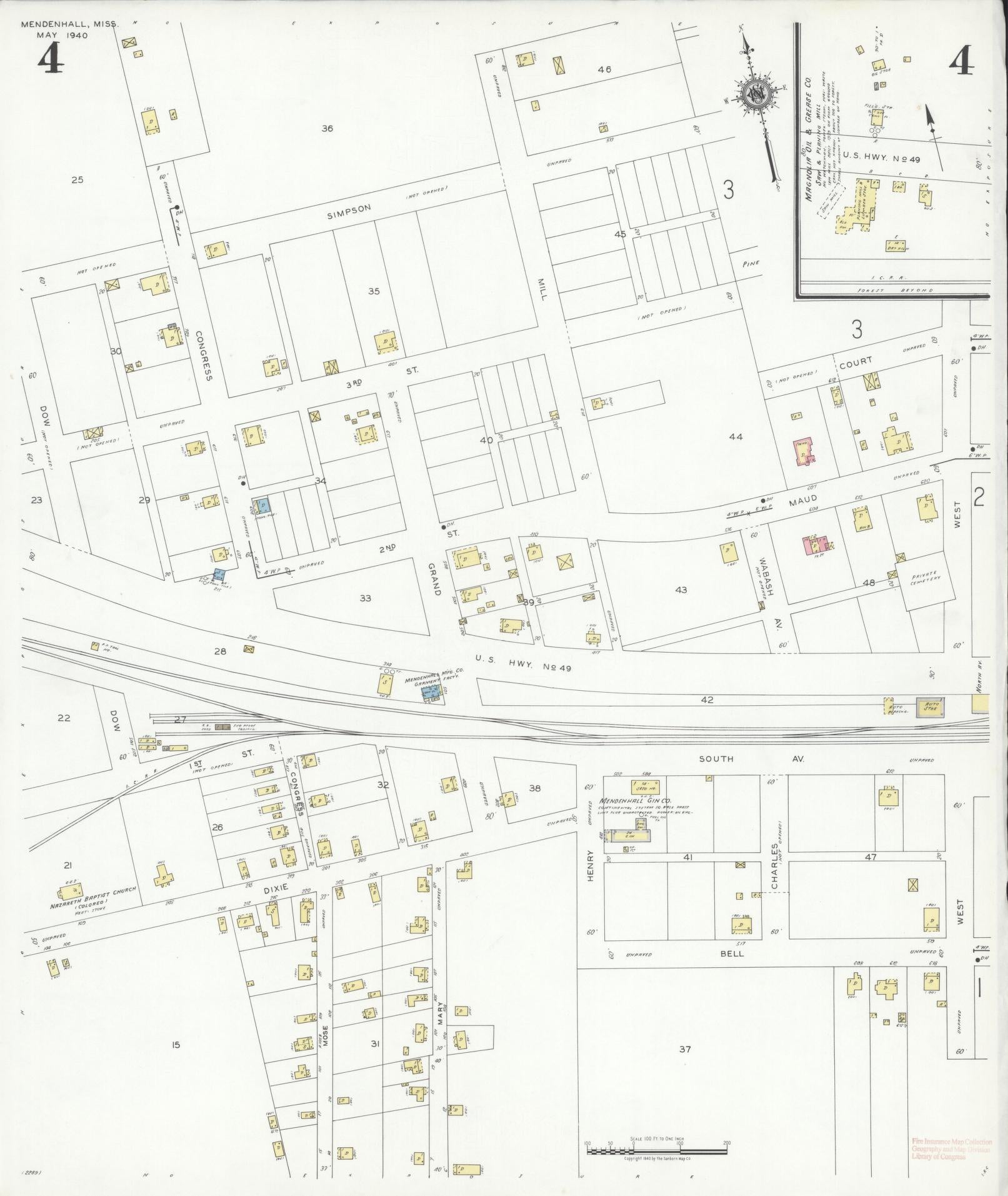 Sanborn Fire Insurance Map from Mendenhall, Simpson County, Mississippi (1940), Sheet #0004 - Complete Map Set gallery image, historic Sanborn map, vintage wall art, Mississippi Mississippi