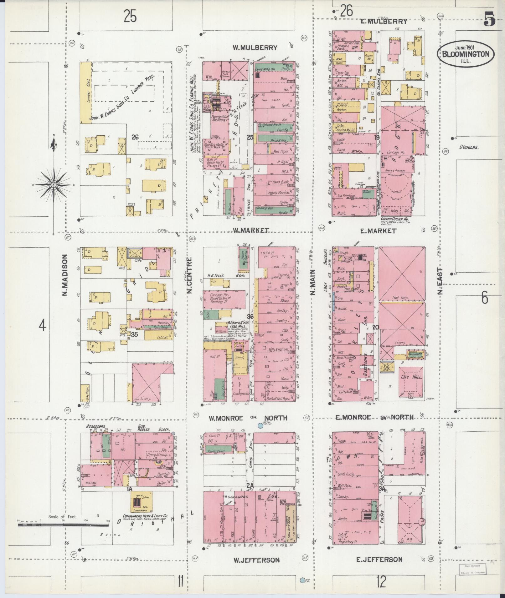 Sanborn Fire Insurance Map from Bloomington, McLean County, Illinois (1901), Sheet #0005 - Complete Map Set gallery image, historic Sanborn map, vintage wall art, Illinois Illinois