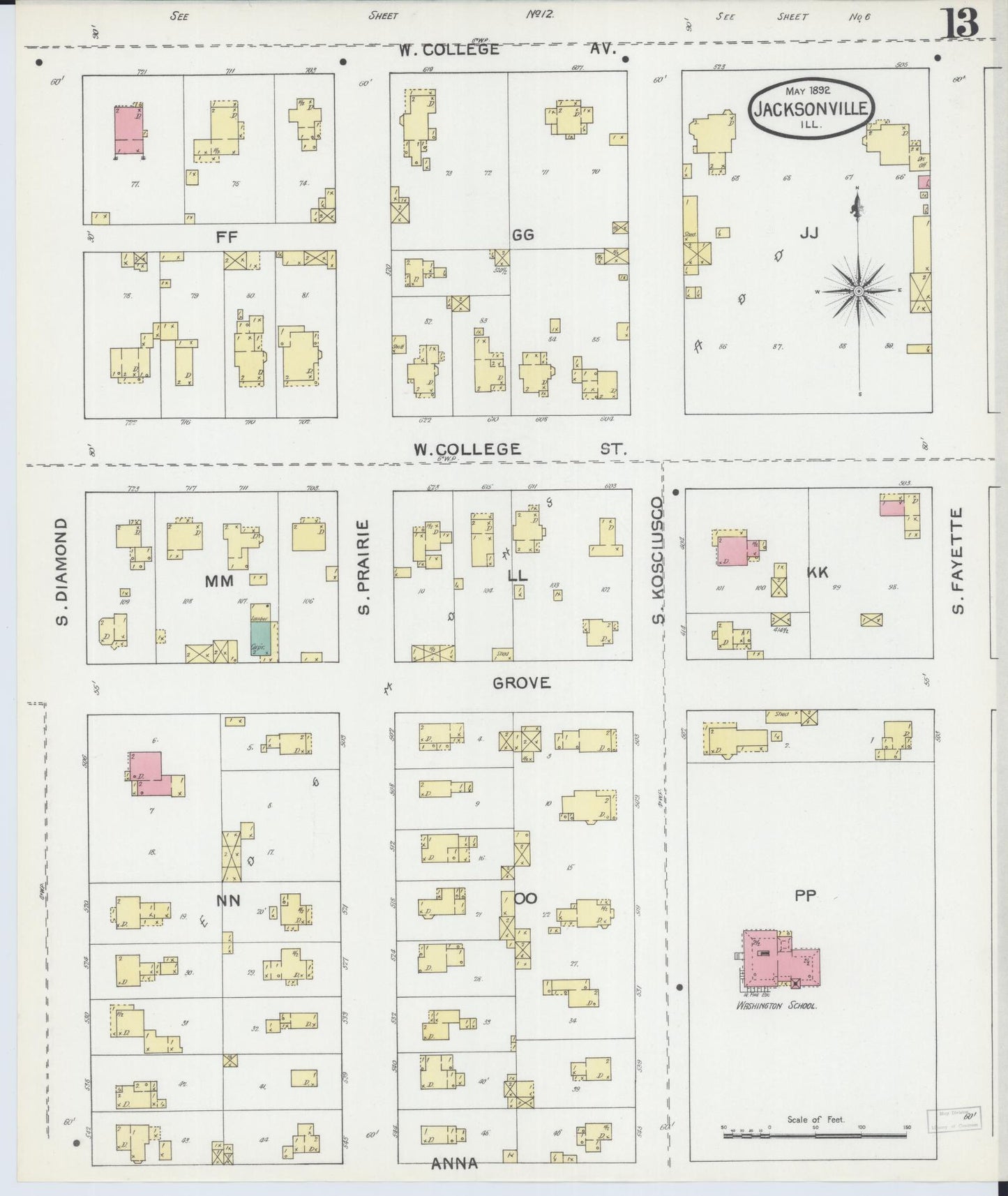 Sanborn Fire Insurance Map from Jacksonville, Morgan County, Illinois (1892), Sheet #0013 - Historic Sanborn Fire Insurance Map Print, vintage old map wall art, antique decor, genealogy gift, Illinois Illinois map