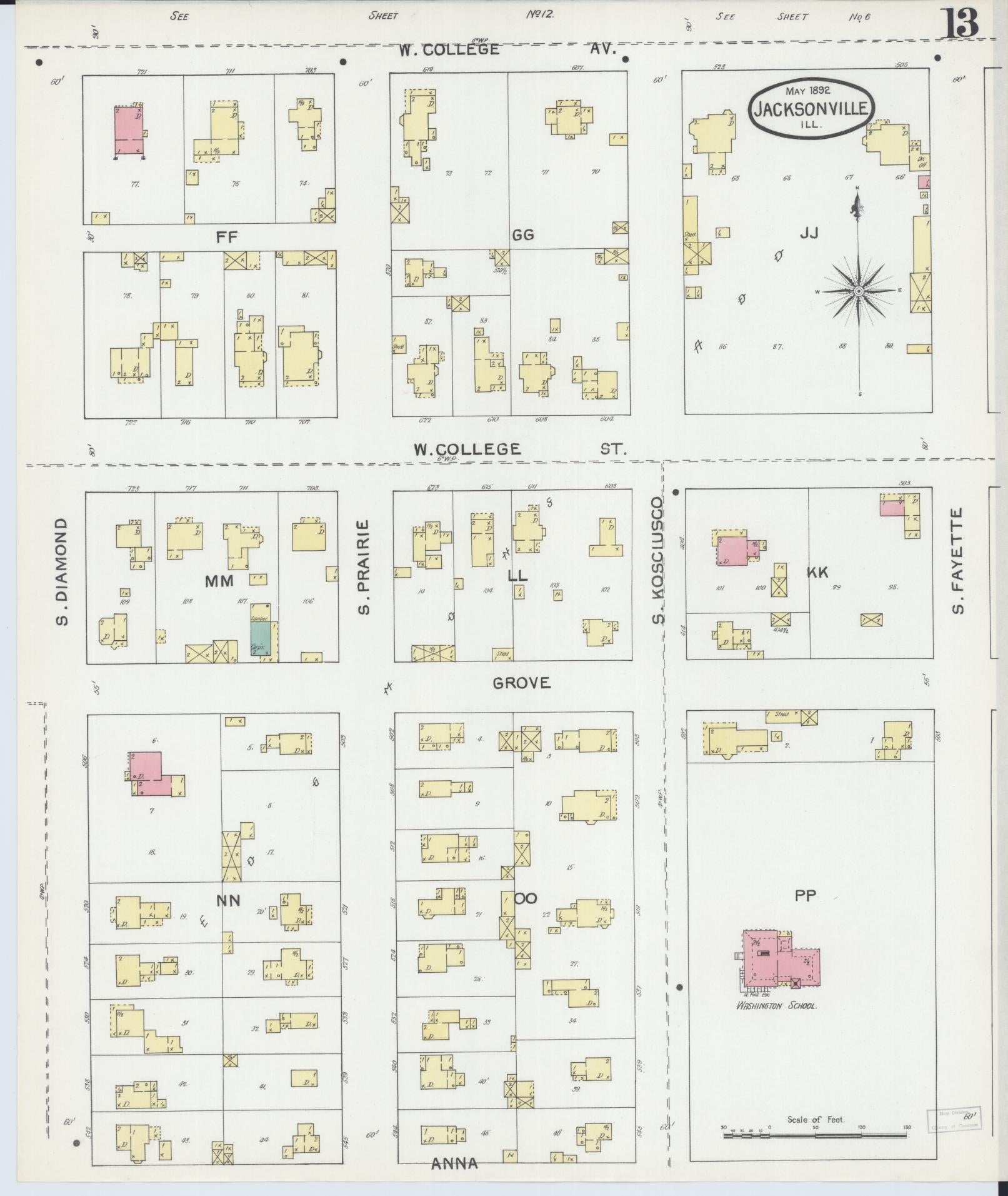 Sanborn Fire Insurance Map from Jacksonville, Morgan County, Illinois (1892), Sheet #0013 - Historic Sanborn Fire Insurance Map Print, vintage old map wall art, antique decor, genealogy gift, Illinois Illinois map