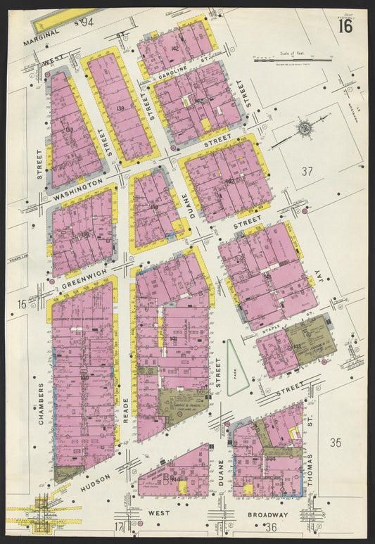 Sanborn Fire Insurance Map from New York, Bronx, Manhattan, New York (1923), Sheet #0016 - Historic Sanborn Fire Insurance Map Print, vintage old map wall art, antique decor, genealogy gift, New York New York map