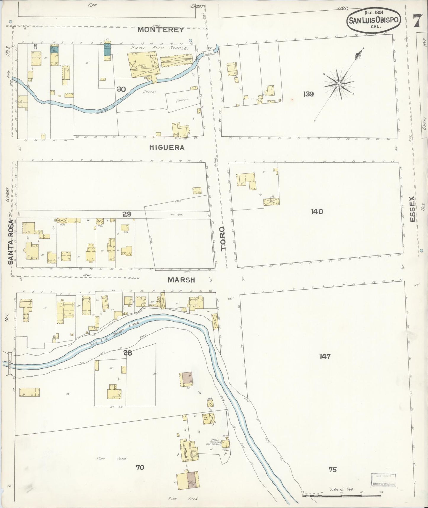 Sanborn Fire Insurance Map from San Luis Obispo, San Luis Obispo County, California (1891), Sheet #0007 - Complete Map Set gallery image, historic Sanborn map, vintage wall art, California California
