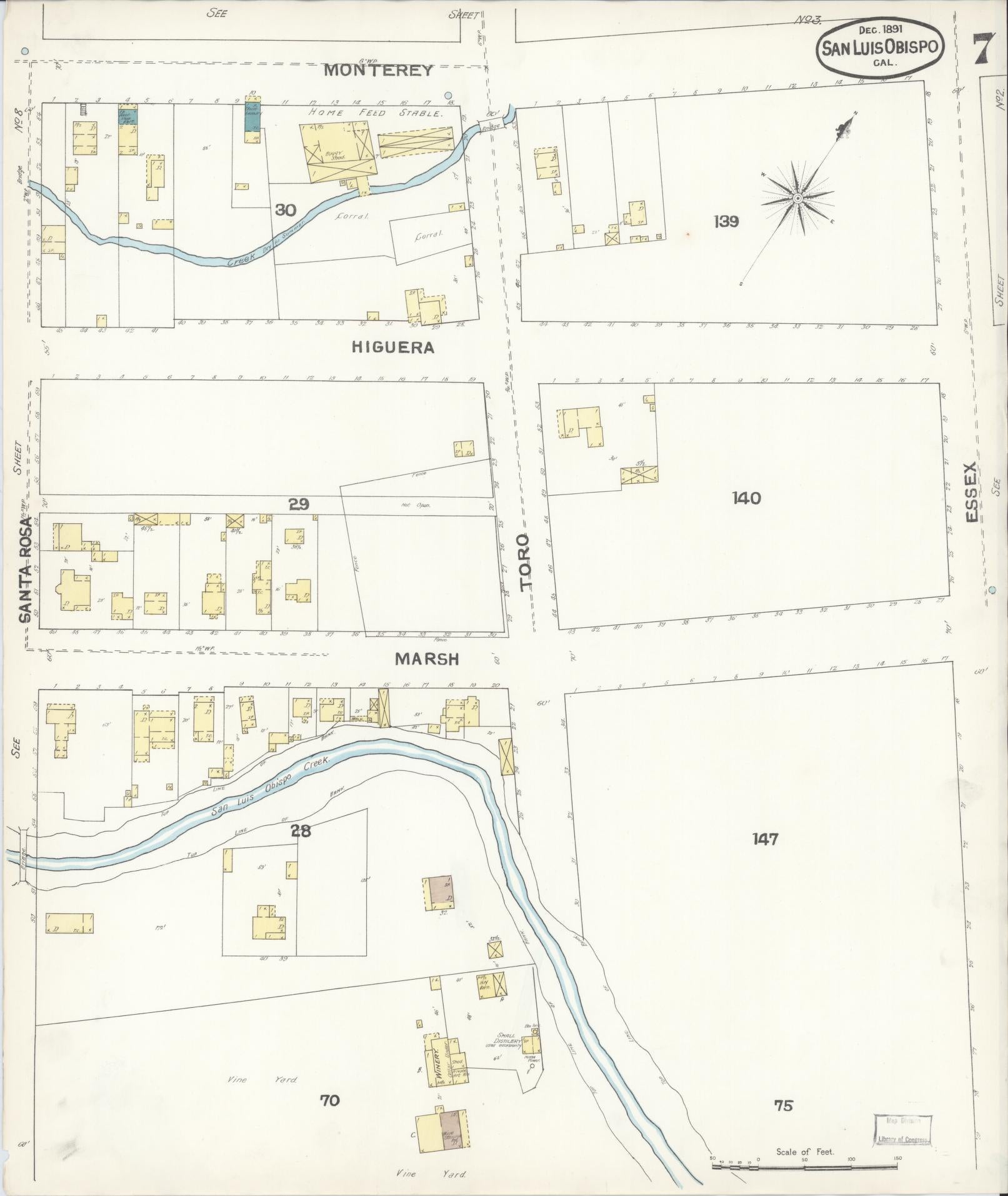 Sanborn Fire Insurance Map from San Luis Obispo, San Luis Obispo County, California (1891), Sheet #0007 - Complete Map Set gallery image, historic Sanborn map, vintage wall art, California California