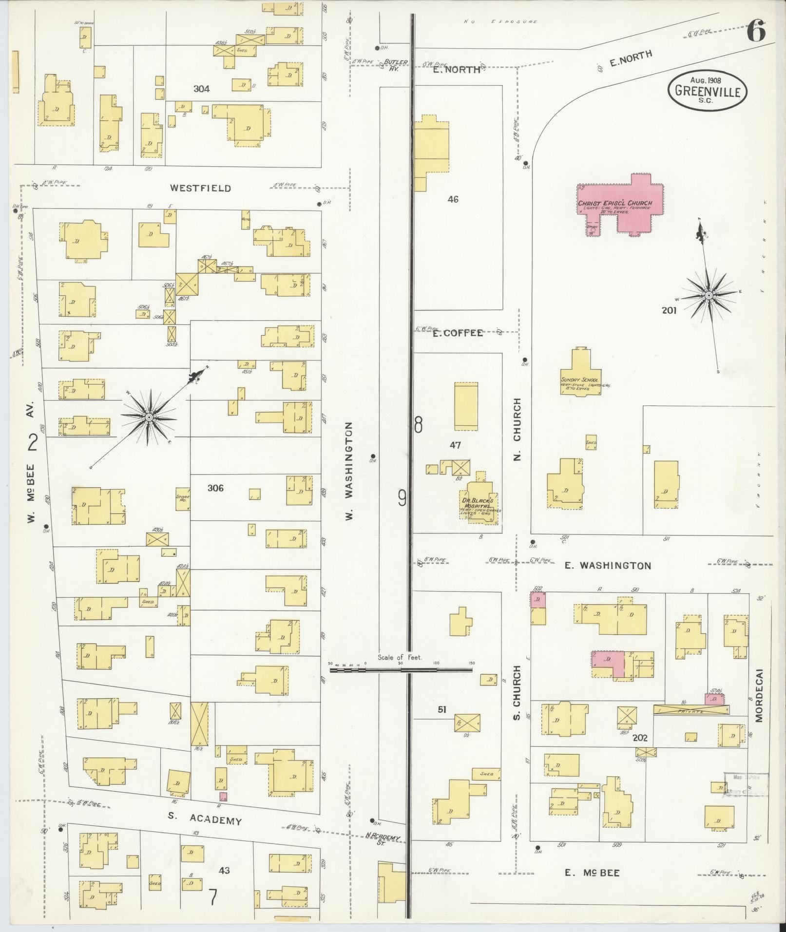 Sanborn Fire Insurance Map from Greenville, Greenville County, South Carolina (1908), Sheet #0006 - Complete Map Set gallery image, historic Sanborn map, vintage wall art, South Carolina South Carolina