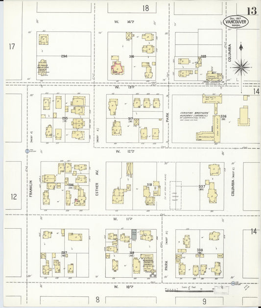 Sanborn Fire Insurance Map from Vancouver, Clark County, Washington (1907), Sheet #0013 - Historic Sanborn Fire Insurance Map Print, vintage old map wall art, antique decor, genealogy gift, Washington Washington map