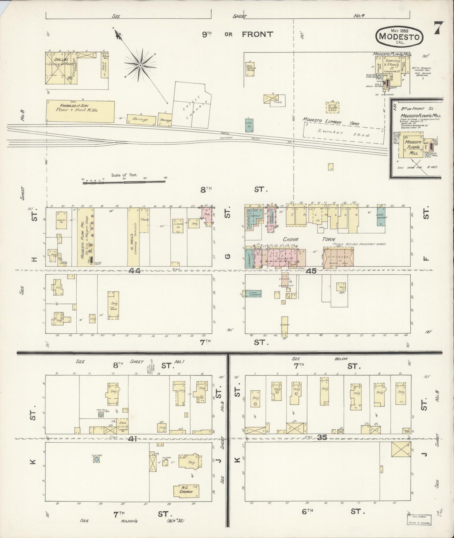 Sanborn Fire Insurance Map from Modesto, Stanislaus County, California (1888), Sheet #0007 - Complete Map Set gallery image, historic Sanborn map, vintage wall art, California California
