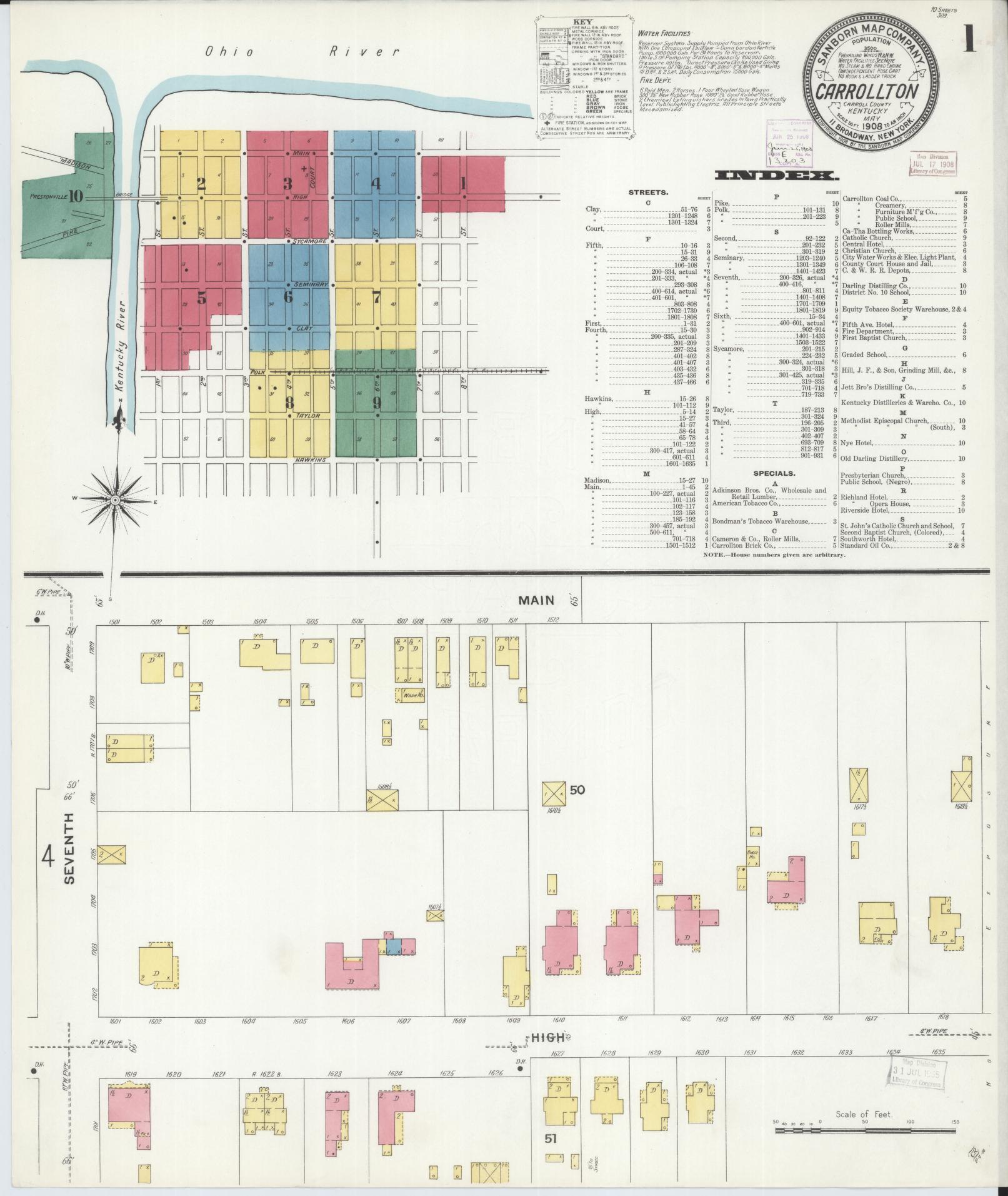 Sanborn Fire Insurance Map from Carrollton, Carroll County, Kentucky (1908), Sheet #0001 - Complete Map Set gallery image, historic Sanborn map, vintage wall art, Kentucky Kentucky