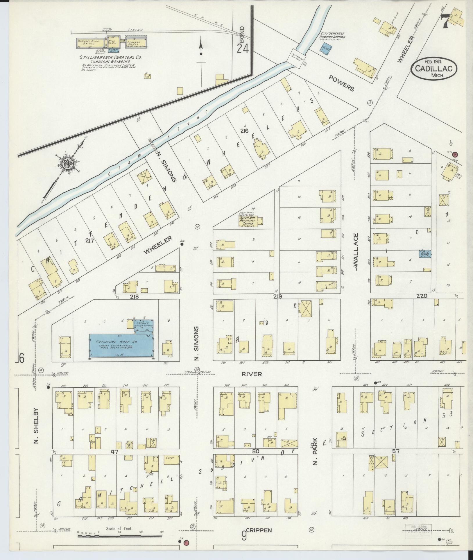 Sanborn Fire Insurance Map from Cadillac, Wexford County, Michigan (1914), Sheet #0007 - Complete Map Set gallery image, historic Sanborn map, vintage wall art, Michigan Michigan