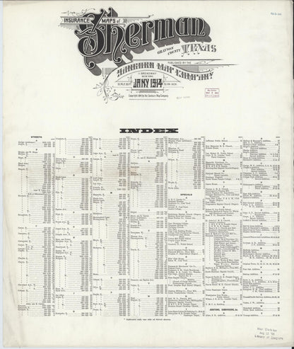Sanborn Fire Insurance Map from Sherman, Grayson County, Texas (1914), Sheet #0001 - Historic Sanborn Fire Insurance Map Print, vintage old map wall art, antique decor, genealogy gift, Texas Texas map